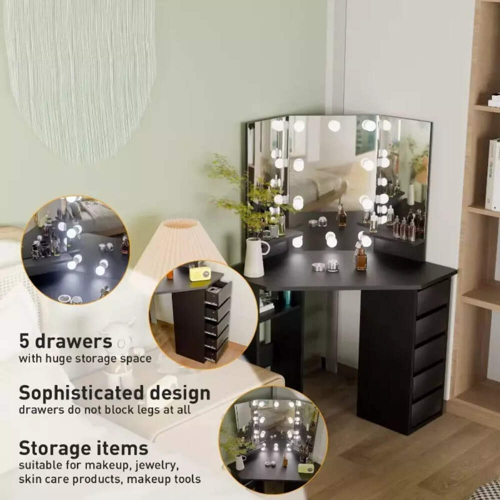 Corner Makeup Vanity Table w/Lighted Mirror, 5 Drawers, no Stool, Great Deal!!