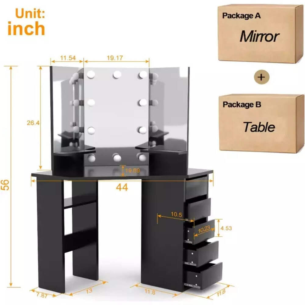 Corner Makeup Vanity Table w/Lighted Mirror, 5 Drawers, no Stool, Great Deal!!