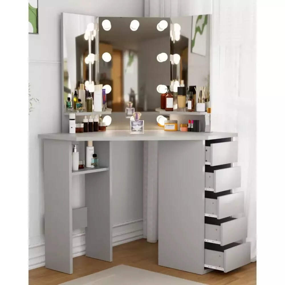 Corner Makeup Vanity Table w/Lighted Mirror, 5 Drawers, no Stool, Great Deal!!